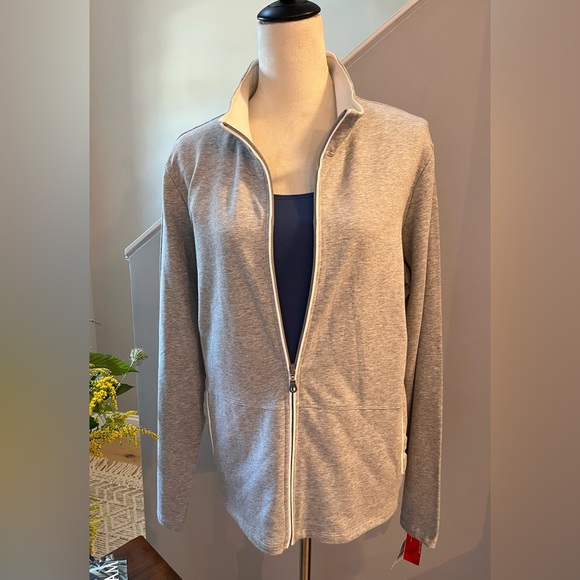 STYLE & Co. SPORT Lightweight Jacket Textured Lite Grey Pockets White Trim - Picture 1 of 12